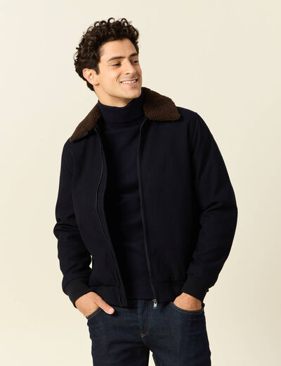 Blouson col aviateur zippé bleu marine homme
