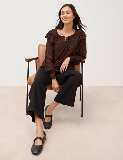 Blouse droite manches longues col rond marron chocolat femme