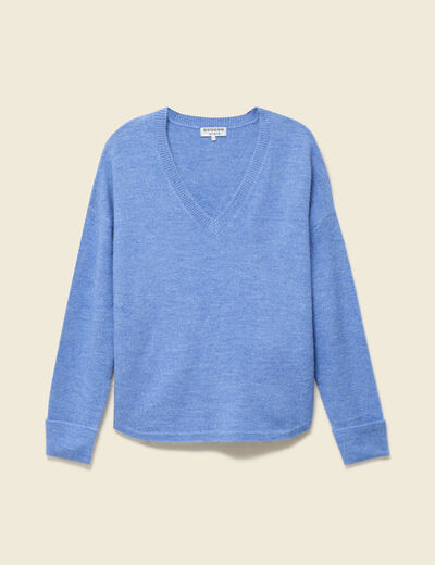 Pull manches longues col en V bleu ciel femme