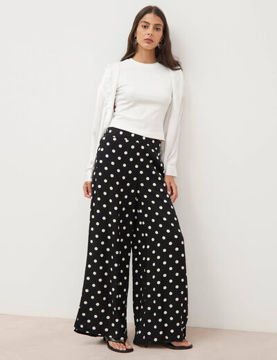 Pantalon large taille haute noir femme