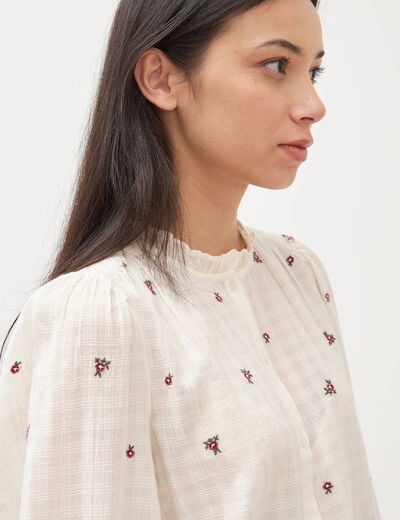 Chemise manches longues en coton brod&eacute;e blanc femme