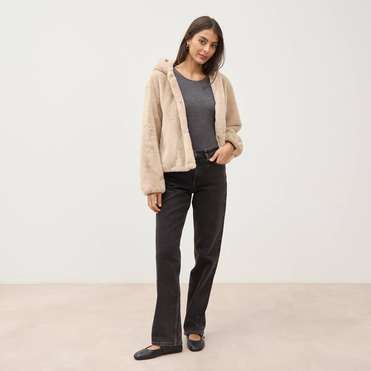 Blouson ample court col montant beige femme