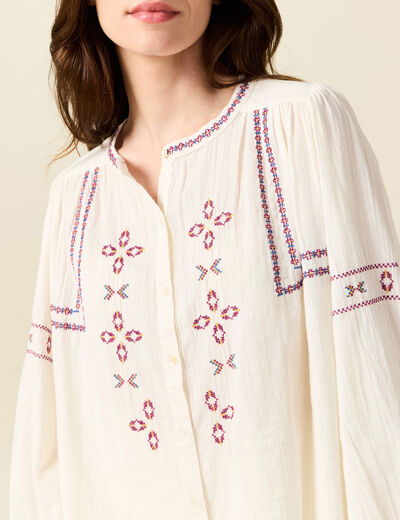 Chemise manches longues brodée creme femme