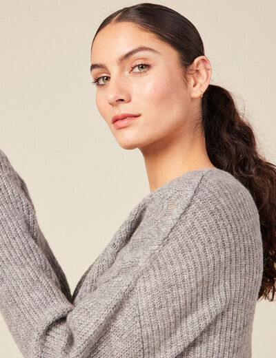 Pull manches longues ajouré gris femme