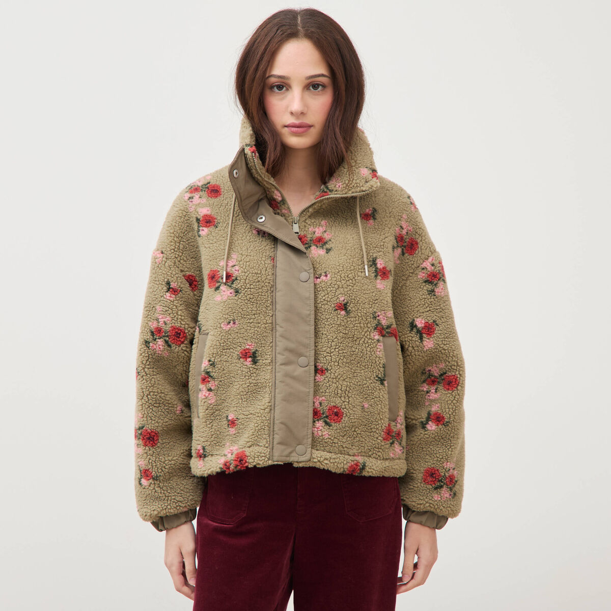 Blouson oversize sherpa col montant vert femme