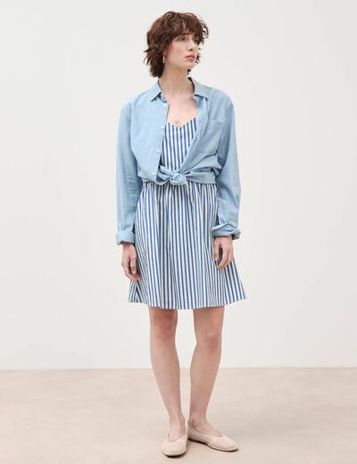 Robe bretelle col c&oelig;ur en coton bleu femme
