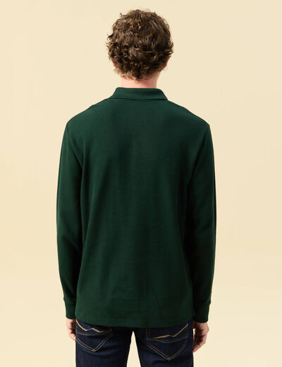 Polo manches longues en coton vert fonc&eacute; homme
