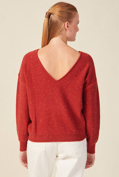 Pull manches longues sequins rouge foncé femme