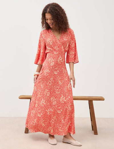 Robe col v manches longues rouge corail femme