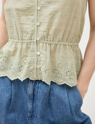 Top col v sans manches en coton vert kaki femme