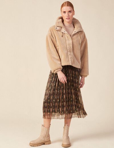 Jupe longue évasée plissée camel femme