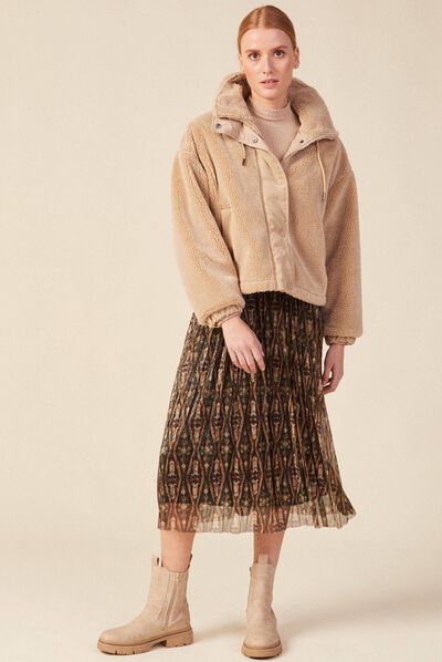 Jupe longue évasée plissée camel femme