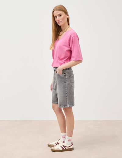 Bermuda jeans large taille haute denim snow gris femme