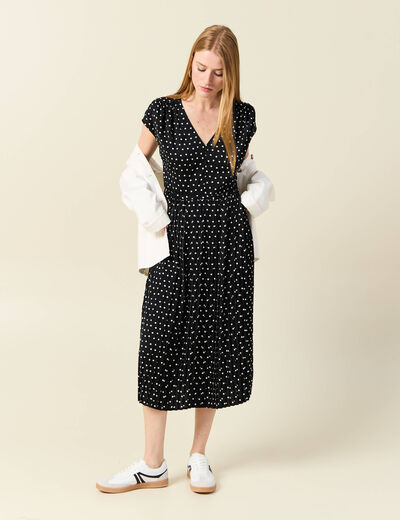 Robe midi évasée plissée satin noir femme
