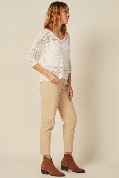 Pull manches 3/4 ajouré ecru femme