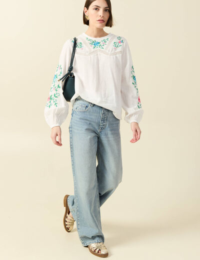 Chemise bord&eacute;e en coton manches longues ecru femme
