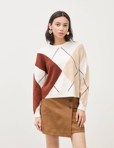 Pull col rond manches longues ecru femme