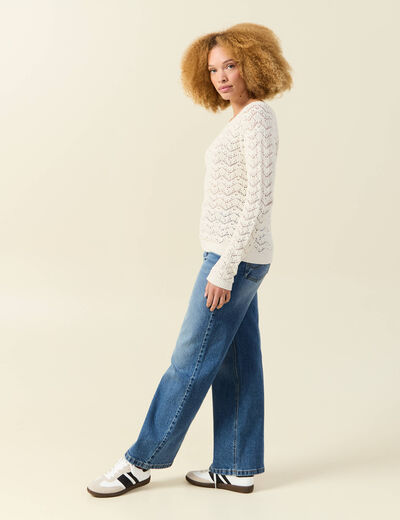 Pull ajouré col bateau manches longues ecru femme