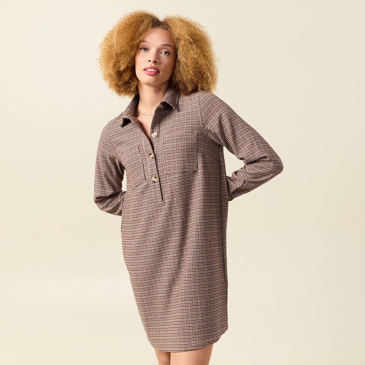 Robe manches longues beige femme