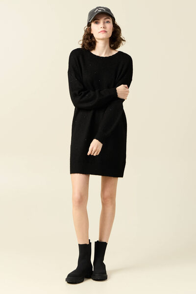Robe pull droite sequins noir femme