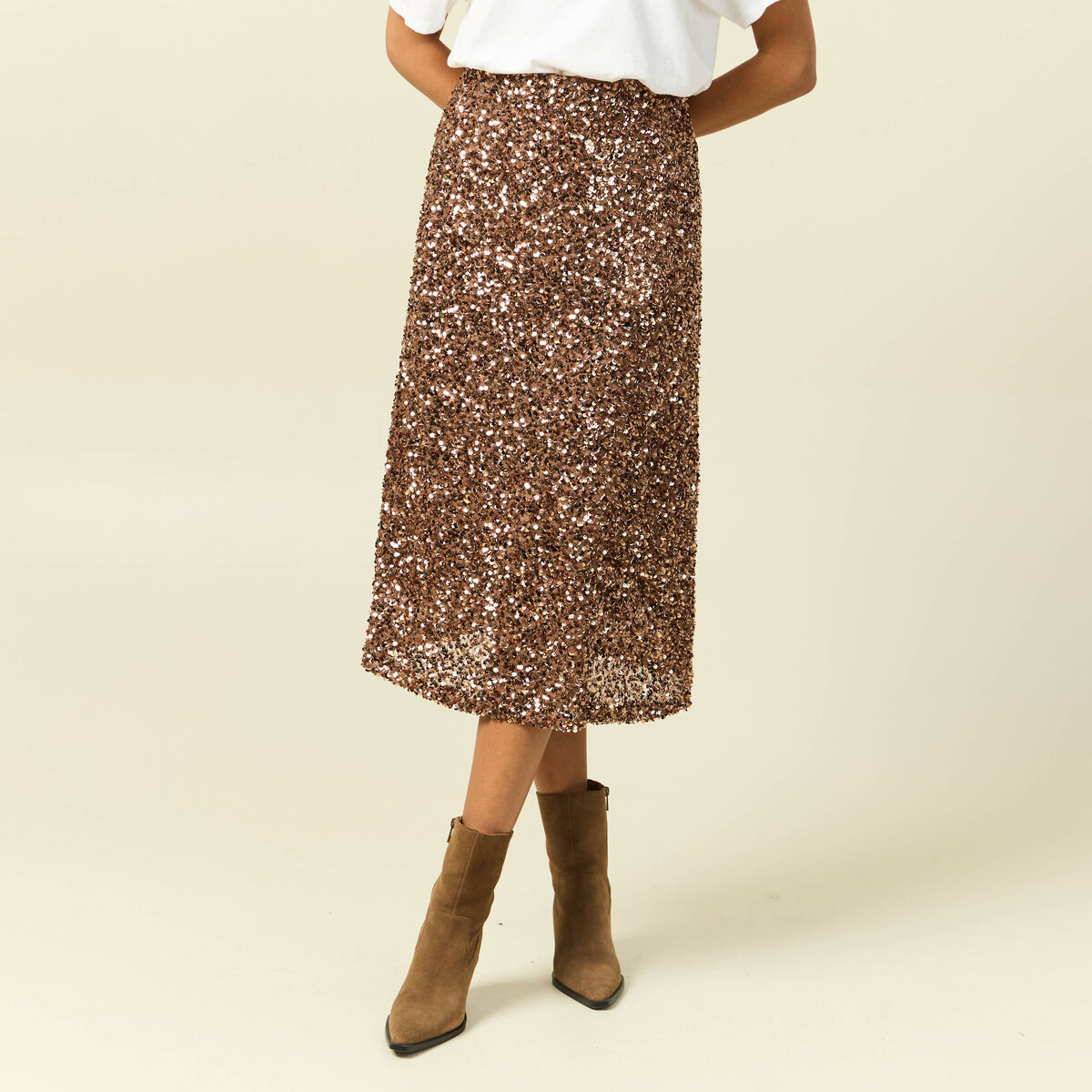 Jupe &agrave; sequins doubl&eacute;e vieux rose femme