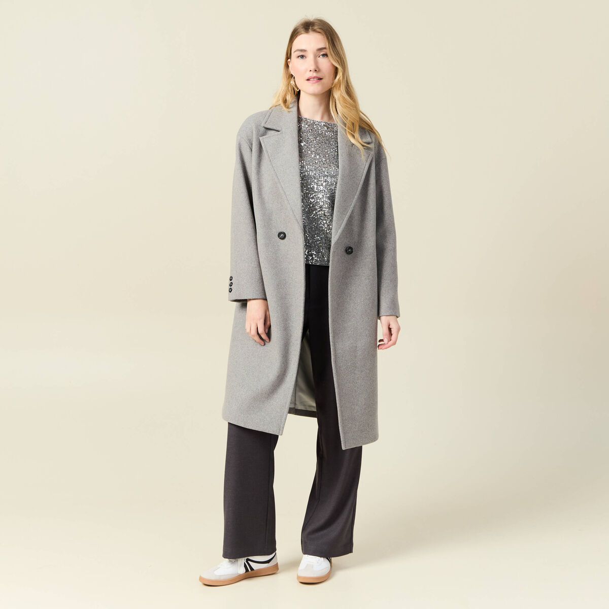 Manteau oversize long gris femme