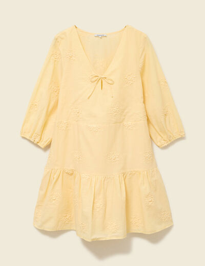 Robe col v manches 3/4 en coton jaune clair femme