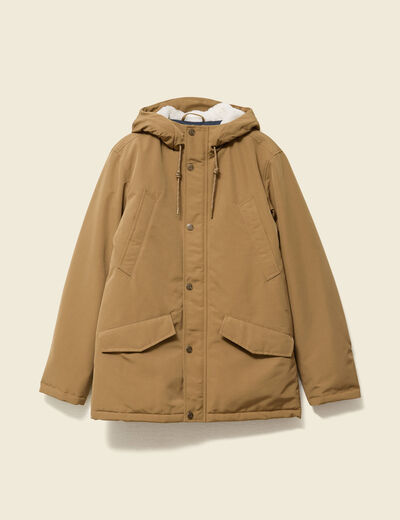 Parka droite mi-longue &agrave; capuche beige homme