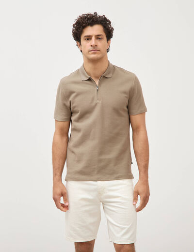 Polo en coton avec zip manches courtes taupe homme