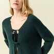 Gilet col V manches longues n&oelig;uds vert fonc&eacute; femme