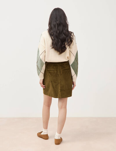 Jupe droite courte en velours vert olive femme