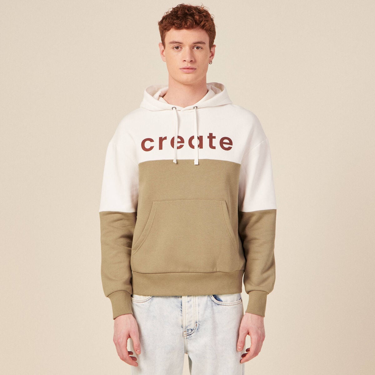 Sweat &agrave; capuche manches longues taupe homme