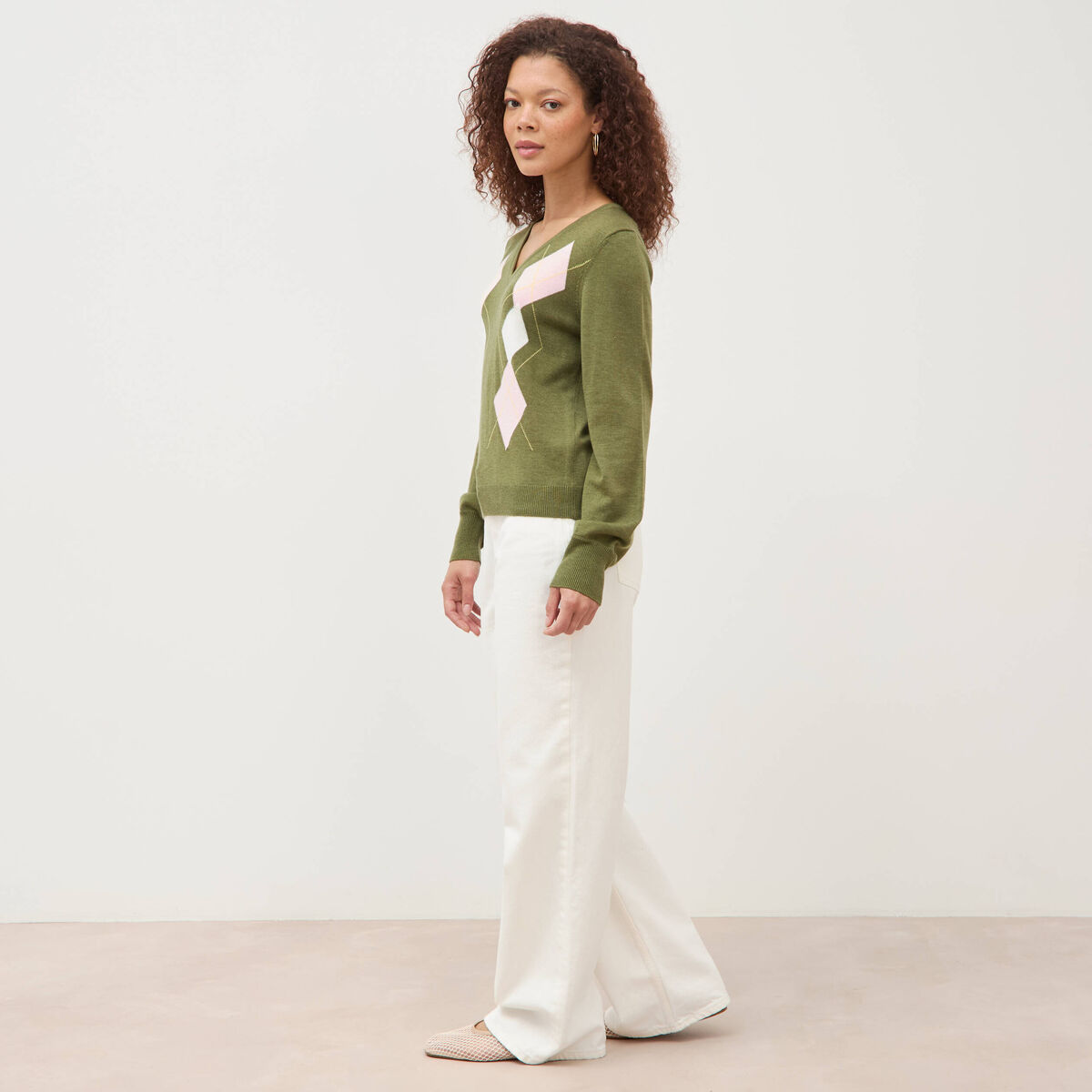 Pull col v manches longues vert femme