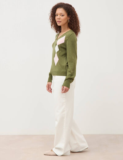 Pull col v manches longues vert femme