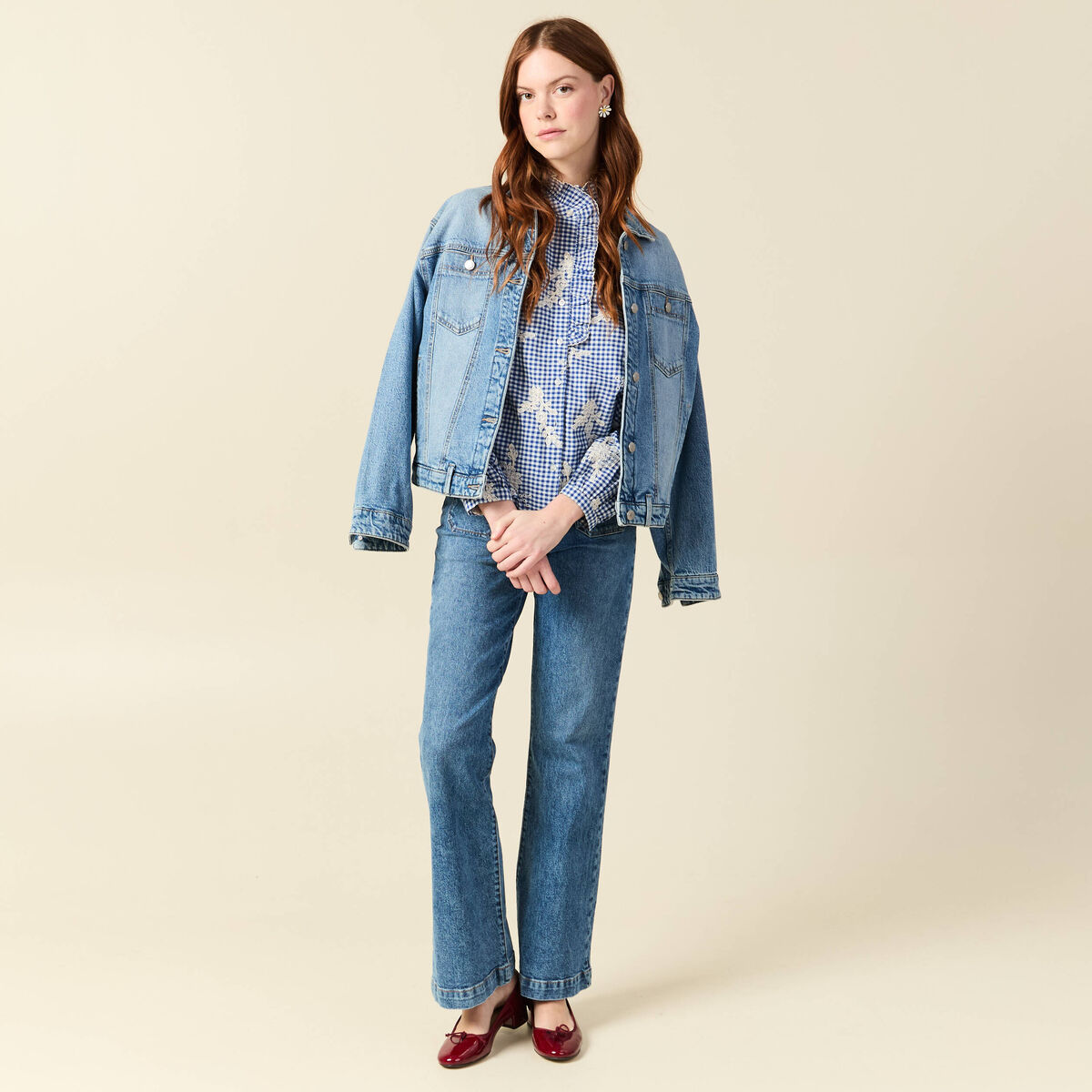 Chemise vichy manches longues en coton bleu marine femme