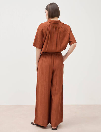 Pantalon large taille haute fluide marron femme