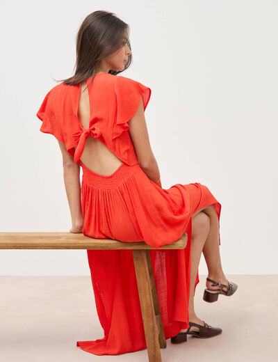 Robe col v manches courtes orange fonc&eacute; femme