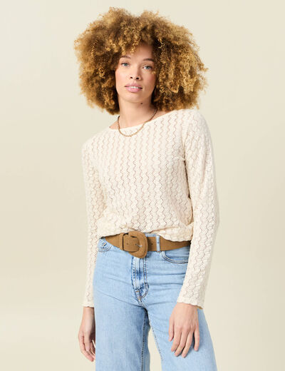 T-shirt manches longues ajouré ecru femme