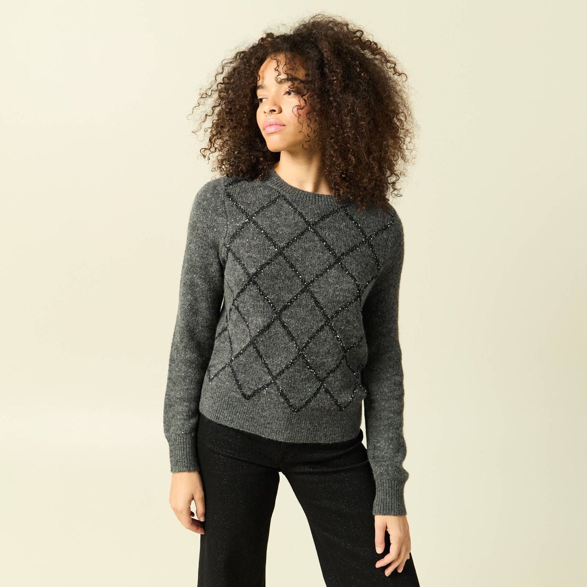 Pull manches longues &agrave; sequins gris fonc&eacute; femme