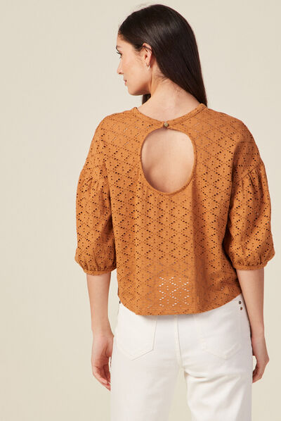 T-shirt manches 3/4 ajouré marron femme