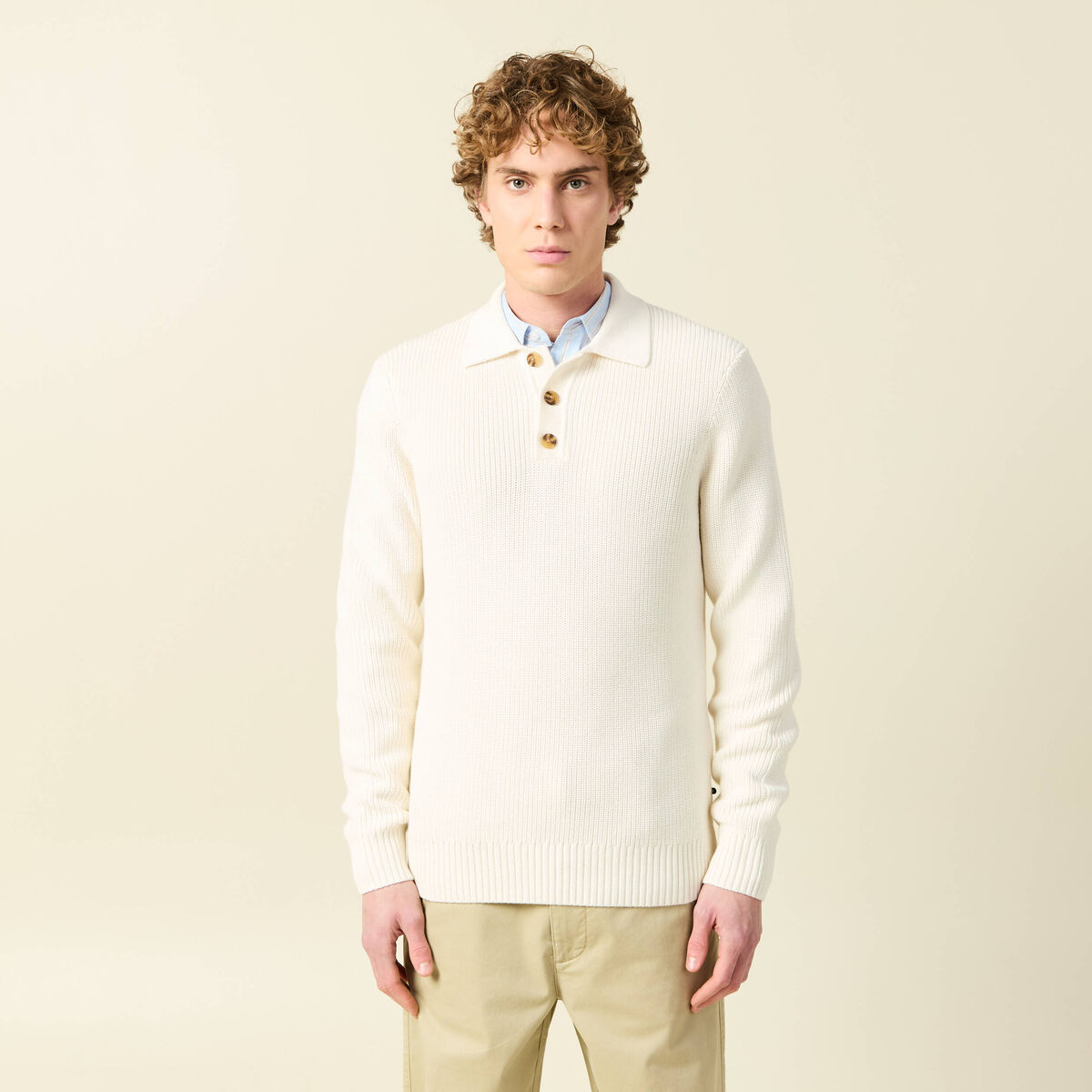 Polo manches longues ecru homme