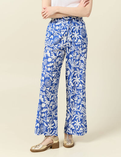 Pantalon large taille haute bleu femme