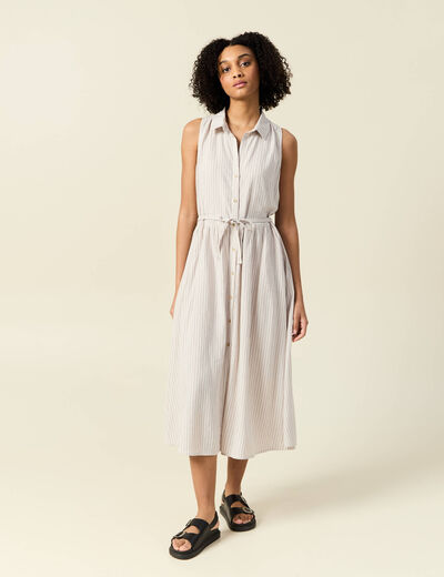 Robe longue évasée ceinturée blanc femme