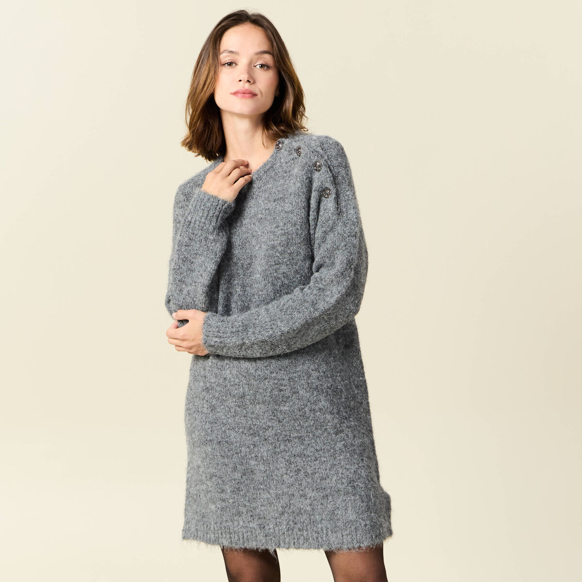 Robe pull droite avec boutons gris clair femme