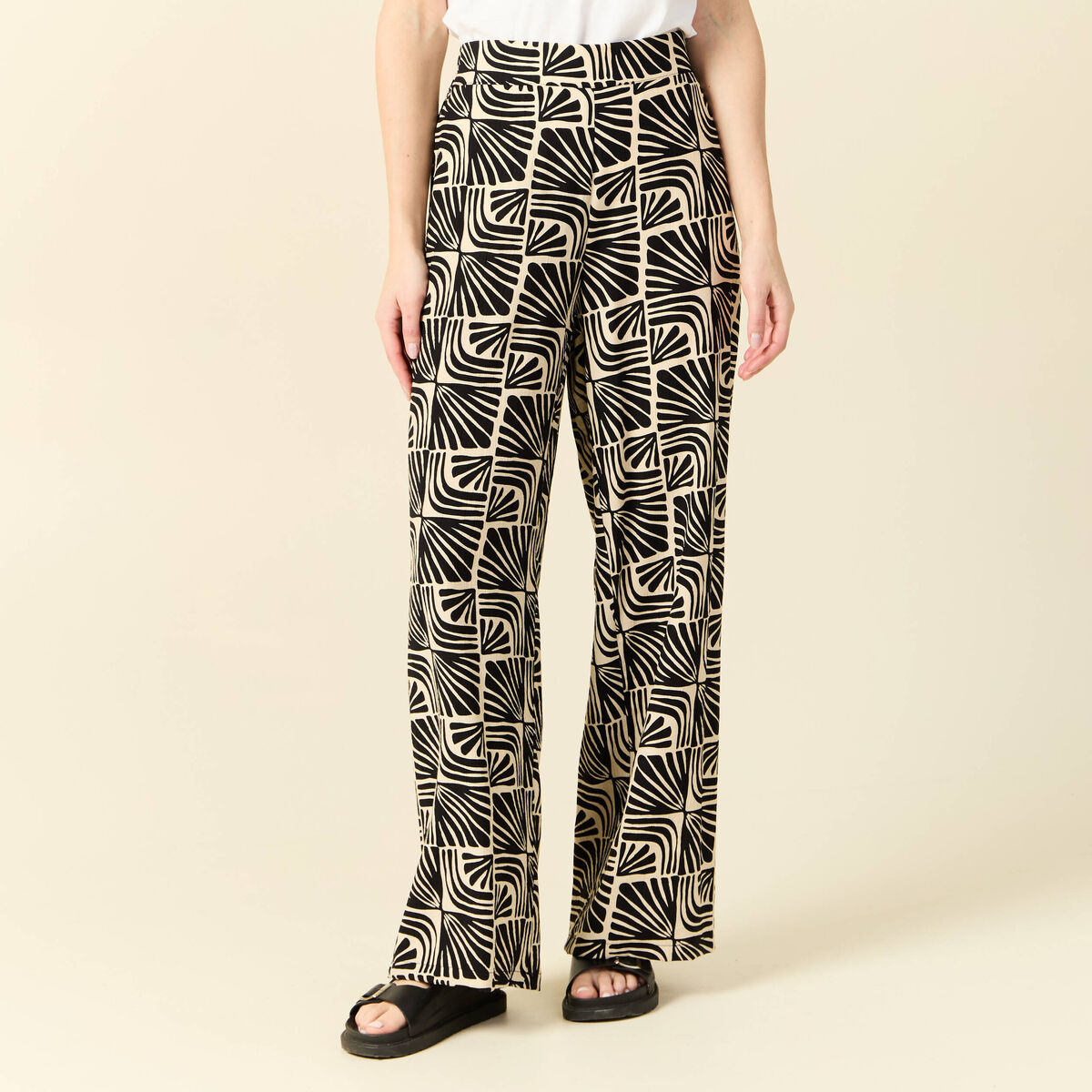 Pantalon large taille haute creme femme