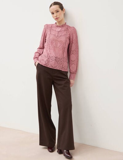 Pantalon large taille haute fluide marron fonc&eacute; femme