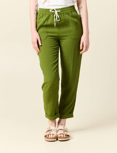 Pantalon carotte fluide vert olive femme