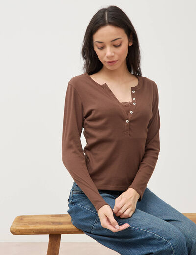T-shirt cintr&eacute; manches longues marron fonc&eacute; femme
