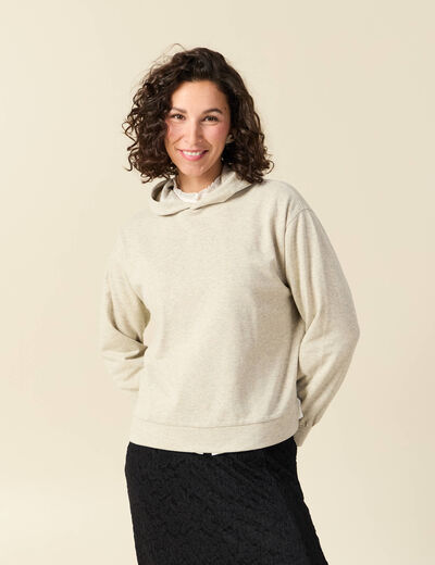 Sweat &agrave; capuche manches longues brillant gris femme