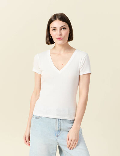 Short ajusté col V manches courtes ecru femme